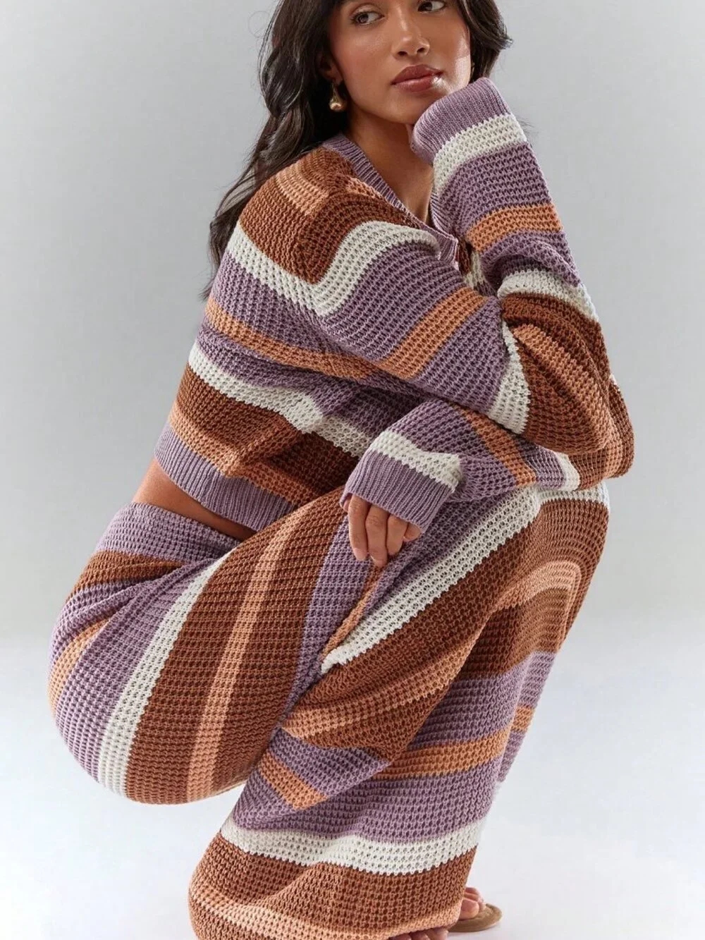 Casual Women's Striped Long Sleeve Knit Cardigan And Knit Skirt Set